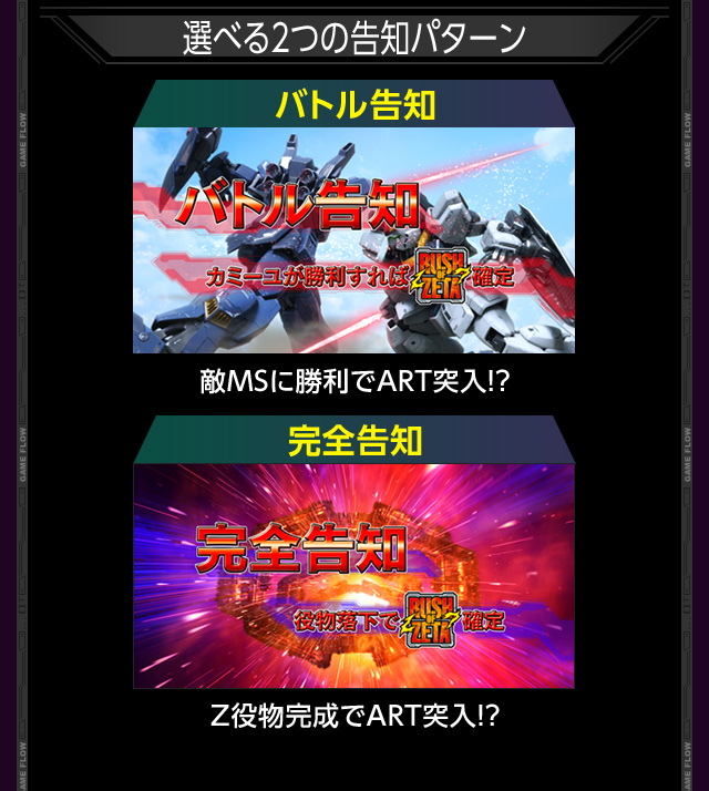 選べる2つの告知パターン バトル告知 敵MSに勝利でART突入!? 完全告知 Ζ役物完成でART突入!?