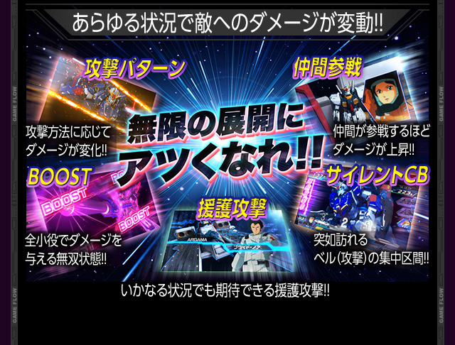 あらゆる状況で敵へのダメージが変動!! 無限の展開にアツくなれ!! 攻撃パターン 攻撃方法に応じてダメージが変化!! BOOST 全小役でダメージを与える無双状態!! 援護攻撃 いかなる状況でも期待できる援護攻撃!! サイレントCB 突如訪れるベル（攻撃）の集中区間!! 仲間参戦 仲間が参戦するほどダメージが上昇!!
